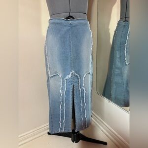 PAS Asymmetrical Light Blue Distressed Denim Midi Skirt